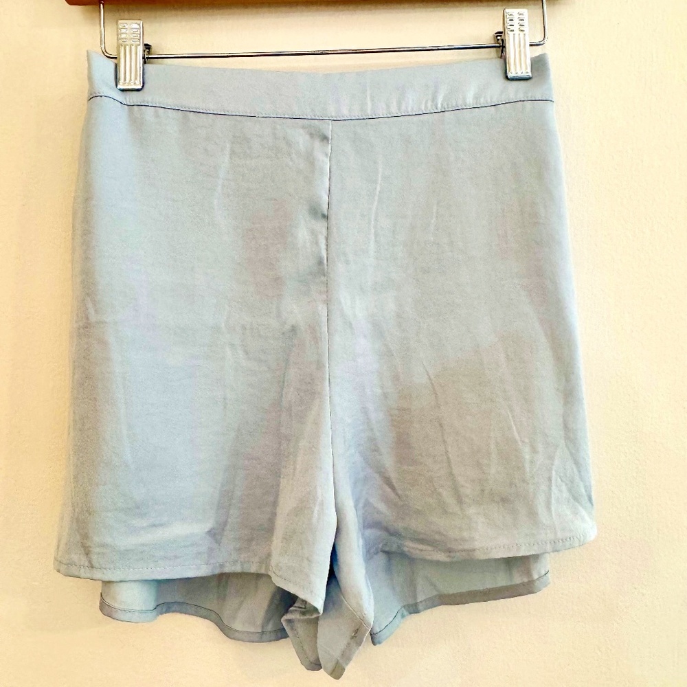 Lulu's Extra Love Dusty Blue Satin shorts